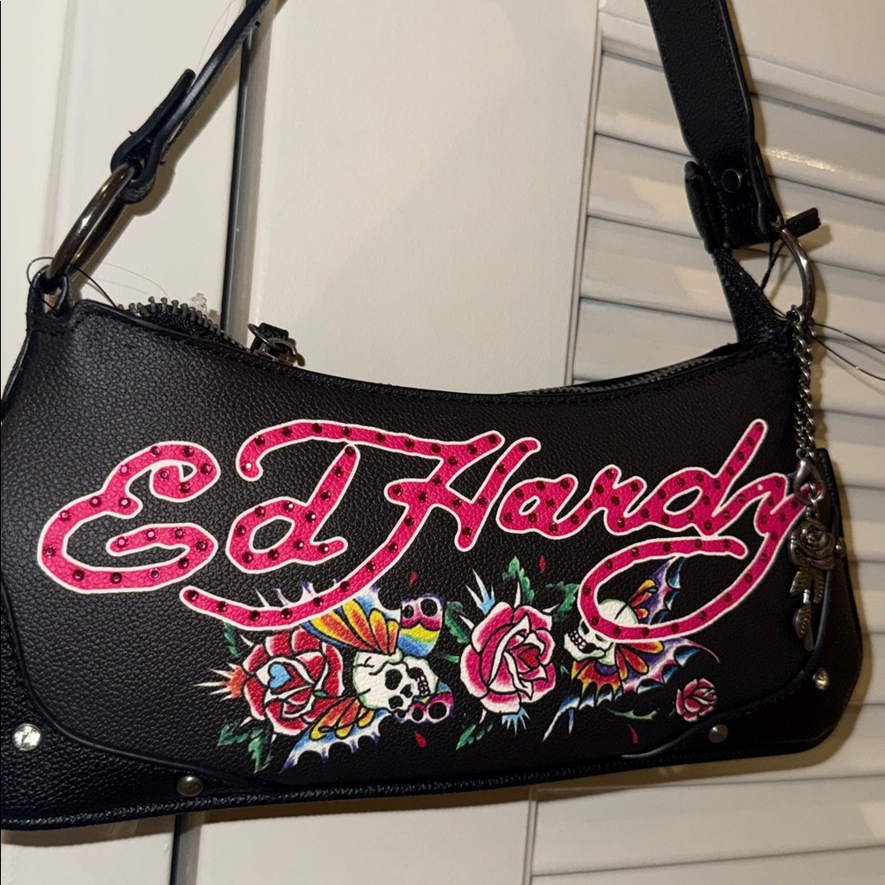 Ed Hardy Black and Pink Embroidered Shoulder Bag